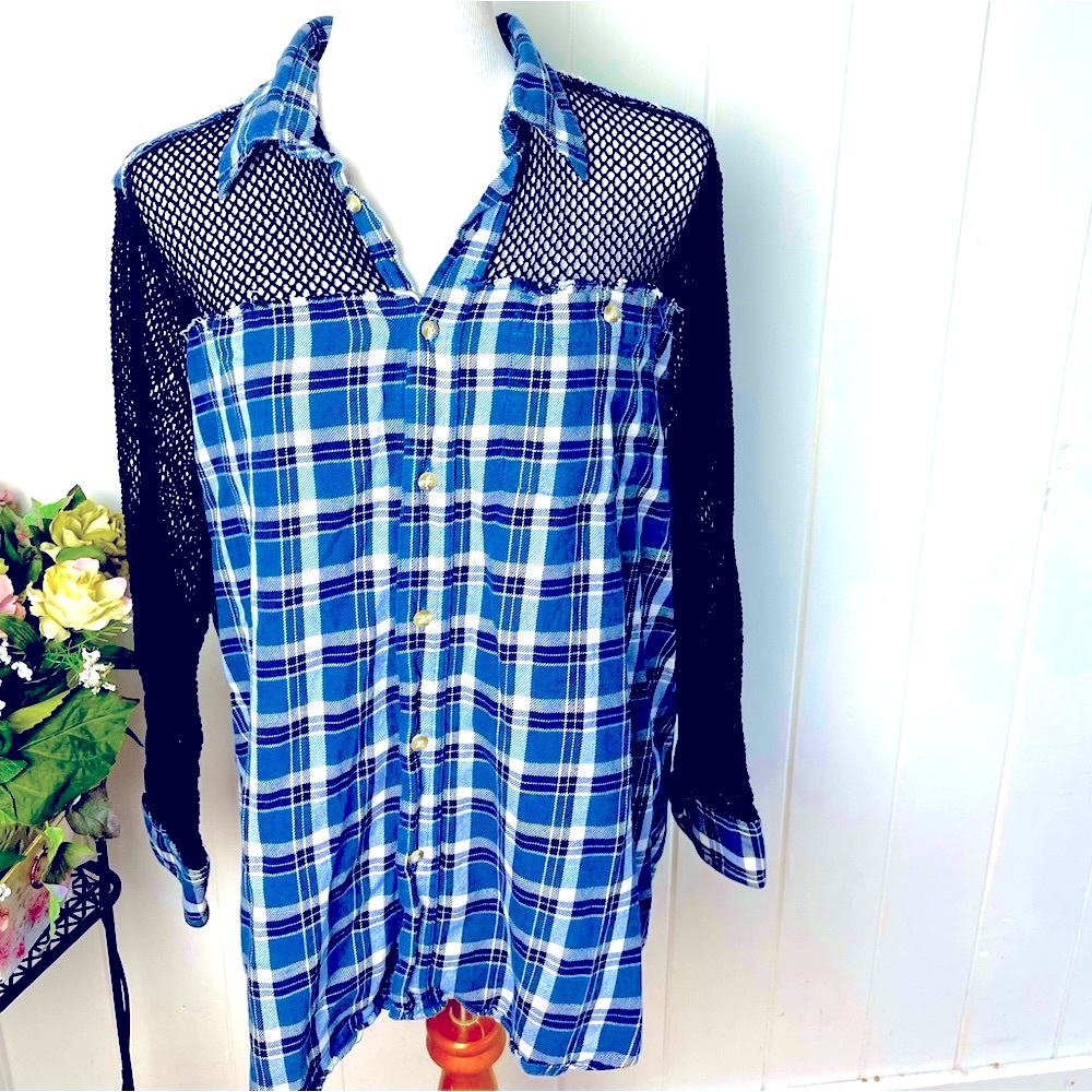 - FURST OF A KIND Edgy Blue Plaid & Black Mesh Long Sleeve Button Down Shirt